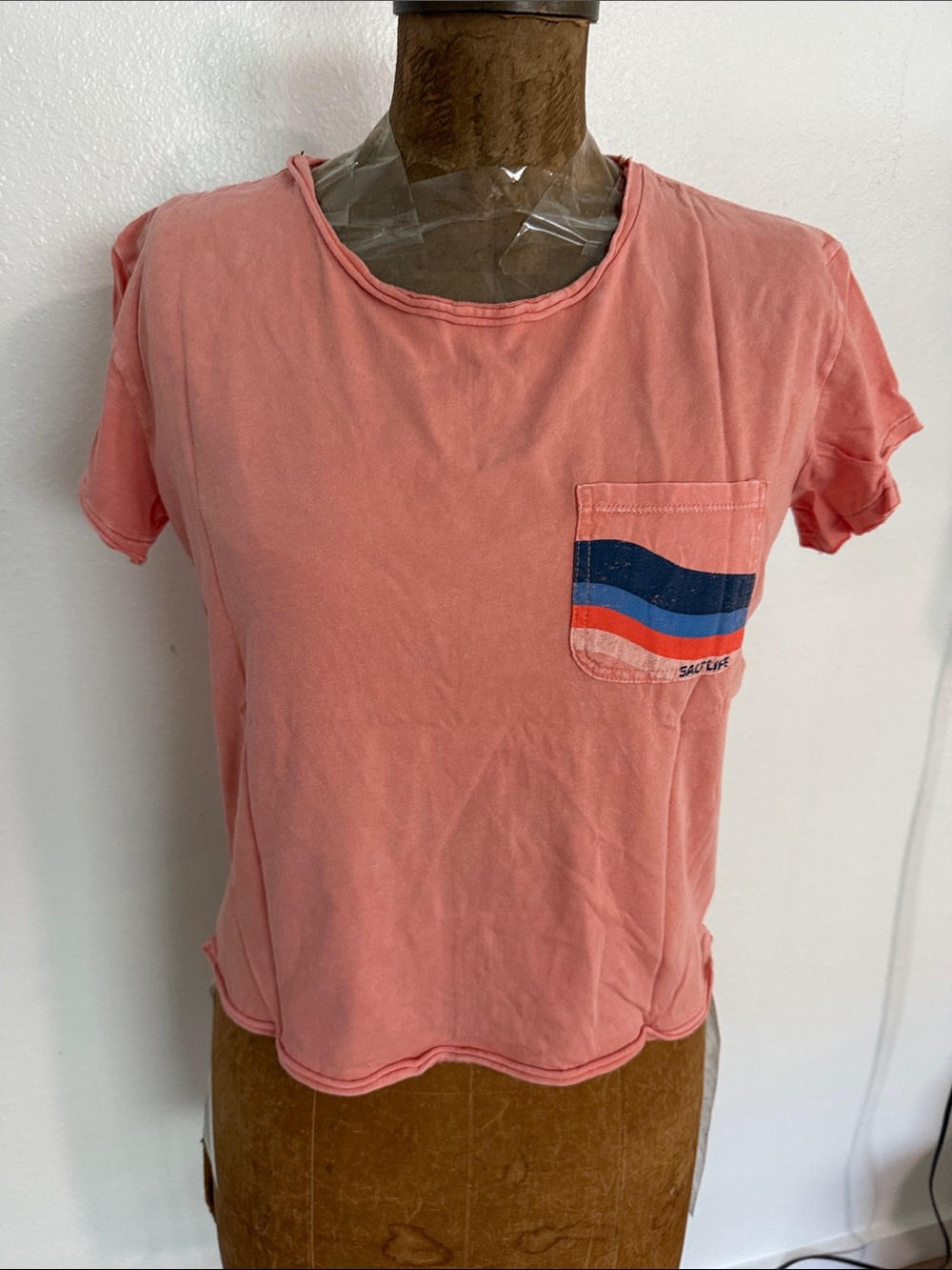 NWT Salt Life Women's Coral Pocket crop Tee with Striped Accent Sizes S & M